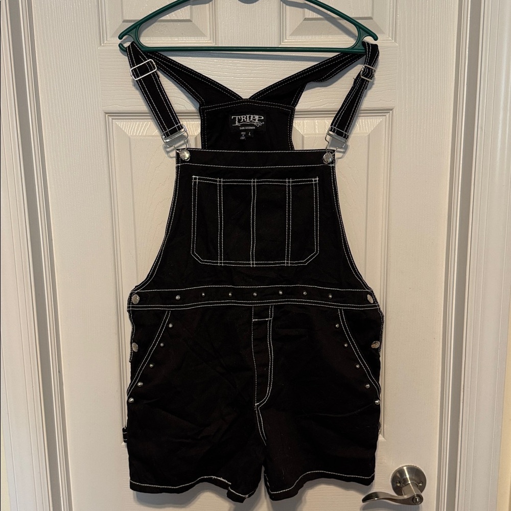 TRIPP NYC Darkstreet Studded Overalls Shorts Black Goth Punk size large - Picture 2 of 7